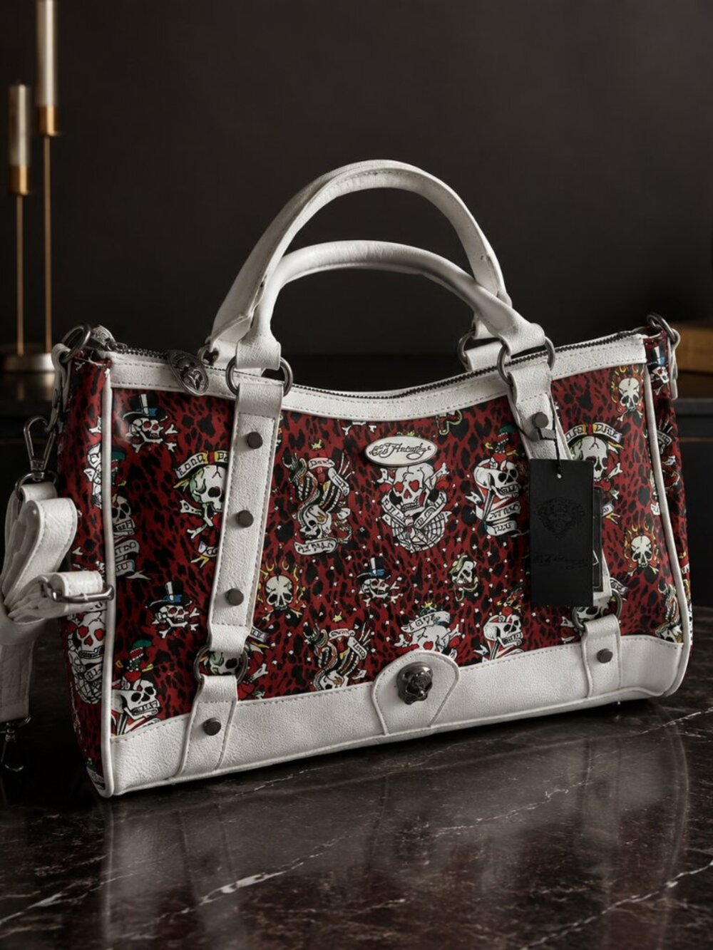 Ed Hardy Red Leopard Skull Satchel Crossbody Bag White Trim NWT